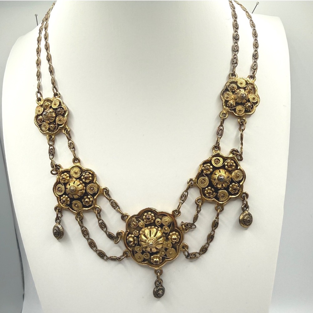 Vintage Etrusceana Rice-Weiner Gold Tone Etruscan‎ Revival Filigree Bib Necklace